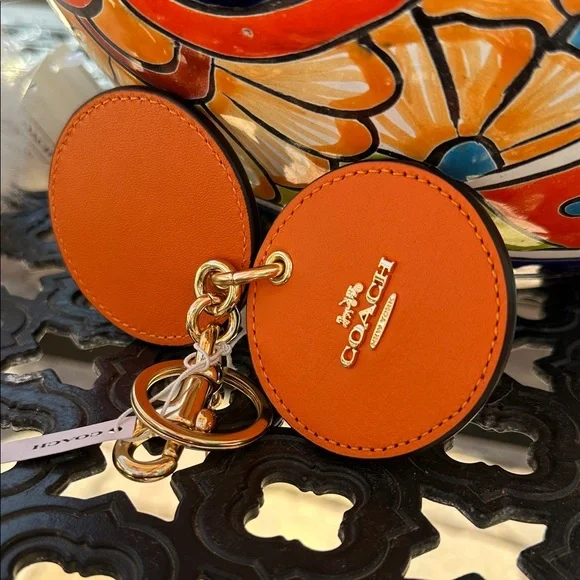 Coach Vibrant Orange Leather Keychain with Mirror